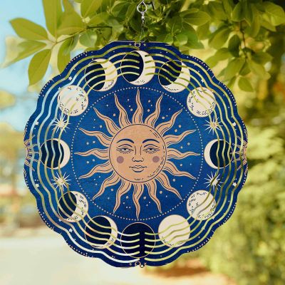 Wind Spinner for Outside, White Moon Sun Blue Background 3D Wind Chimes for Garden 10in, Funny Universe Stars Round Hanging Winds Spinner for Yard Porch Outdoor Decor