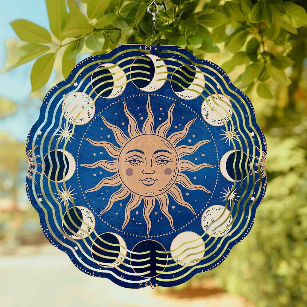 Wind Spinner for Outside, White Moon Sun Blue Background 3D Wind Chimes for Garden 10in, Funny Universe Stars Round Hanging Winds Spinner for Yard Porch Outdoor Decor