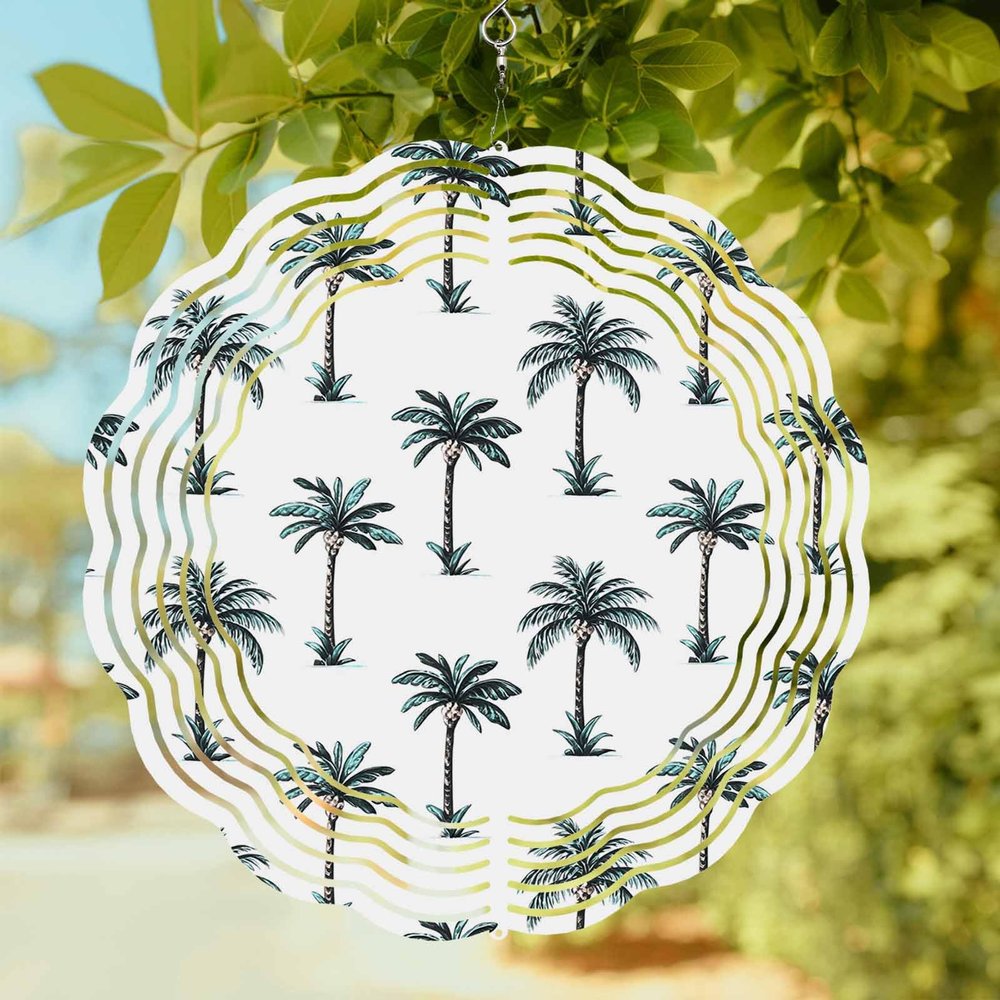Wind Spinner for Outside, Tropical Palm Trees 3D Wind Chimes for Garden 10in, Green and White Round Hanging Winds Spinner for Yard Porch Outdoor Decor