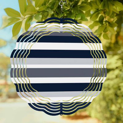 Wind Spinner for Outside, Horizontal Stripe Navy Blue White Gray 3D Wind Chimes for Garden 10in, Minimalist Striation Art Round Hanging Winds Spinner for Yard Porch Outdoor Decor