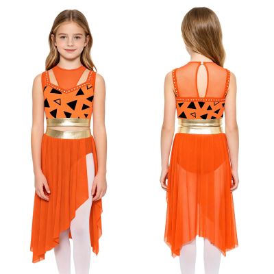 Aislor Kids Girls Caveman Dress-up Book Character Costumes Stone Age Outfit Stage Performance Lyrical Dance Set Orange 16 Years
