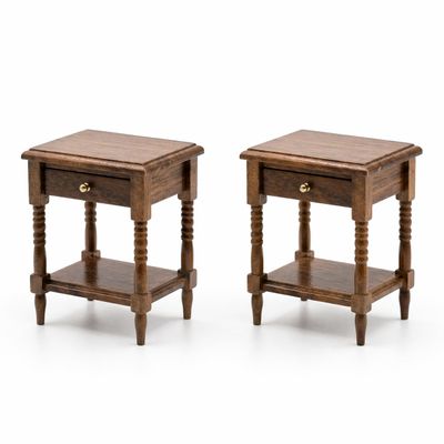 Waldosia 1:12 Scale Miniature Side End Coffee Table Set, Natural Solid Wood with Drawer (Walnut)