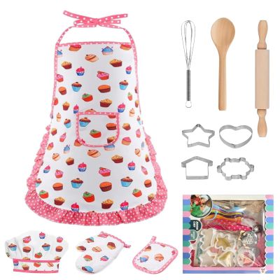 TFPOGOLD 11 PCS Kids Chef Hat and Apron Set, Toddler Cooking and Baking Set for Girls Boys, Pretend Play Kitchen Toys with Adjustable Apron & Cookie Cutters, Birthday Gifts for Ages 3-8