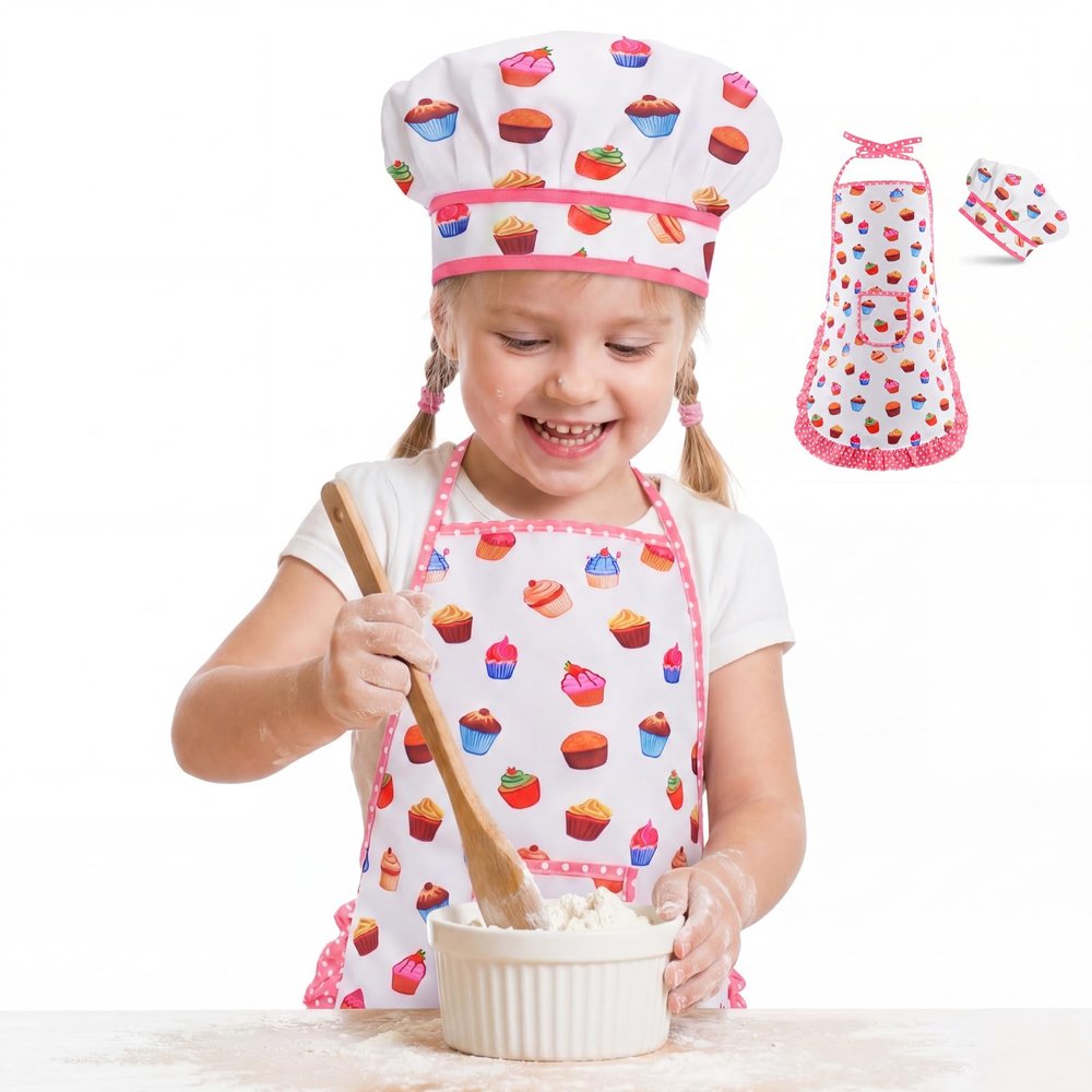 TFPOGOLD Kid Apron and Chef Hat Set 2 Pcs, Adjustable Kids Cooking Baking Apron for Toddlers 3-8, Childrens Pretend Play Chef Costume Role Play Toy for Boys Girls, White