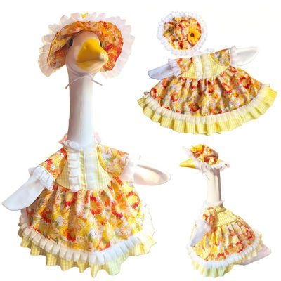 23 Inch Porch Goose Outfit Set Floral Pattern Dress and Bonnet for Lawn Statue Decoration Blue Checkered Rose Print (Yellow Sunflower)