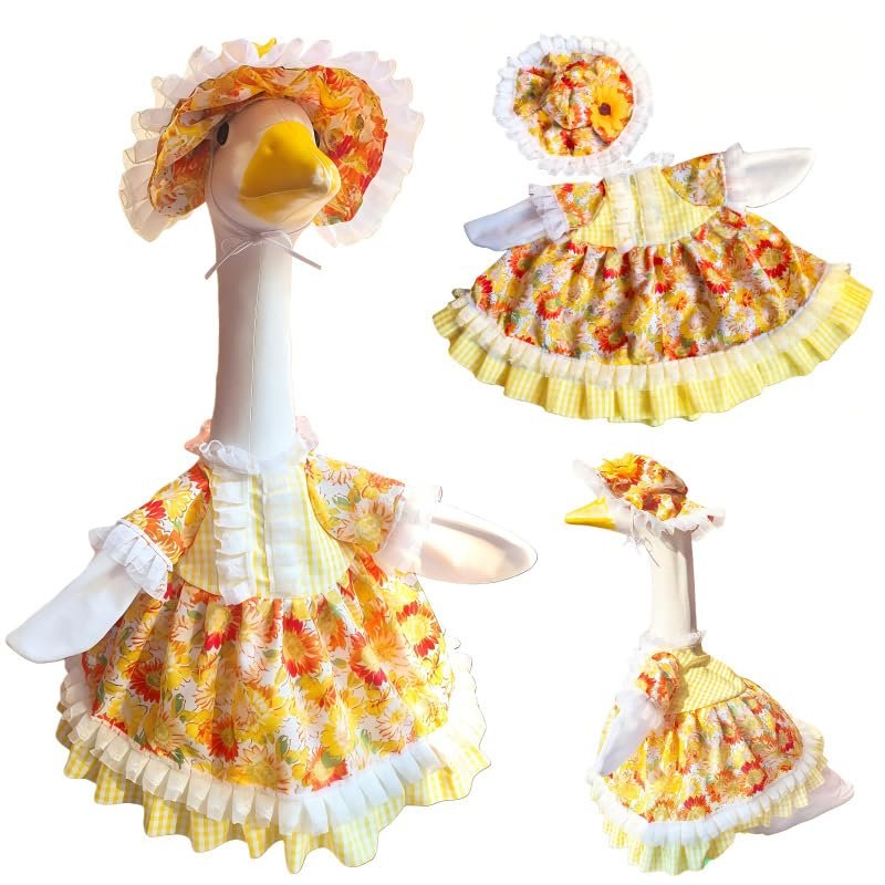 23 Inch Porch Goose Outfit Set Floral Pattern Dress and Bonnet for Lawn Statue Decoration Blue Checkered Rose Print (Yellow Sunflower)