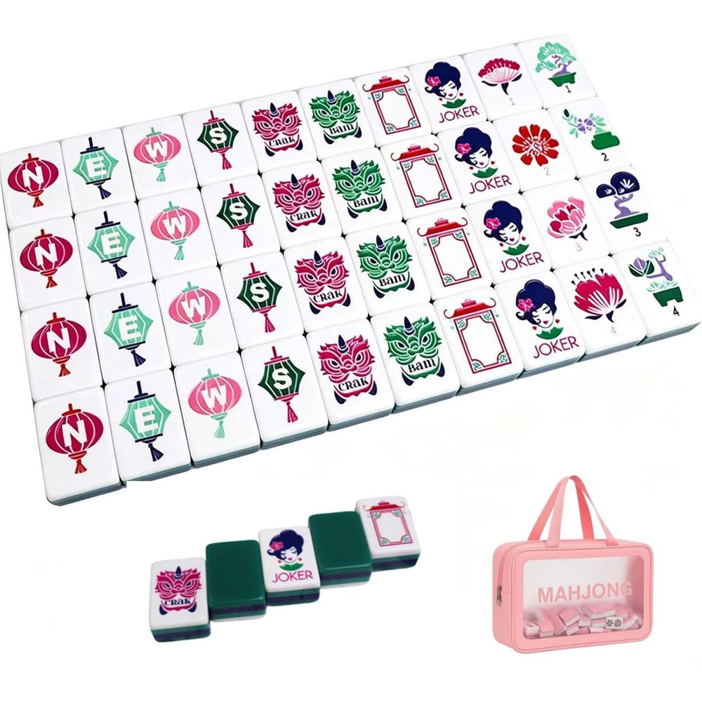 4 Layer Mahjong Tiles, 2026 NEW 160 Acrylic American 4 Layer Mahjong Tile Set with Clear Engraving with Exquisite Carrying Bag Mini Mahjong Travel Set for Home, Travel & Game Nights (Green)