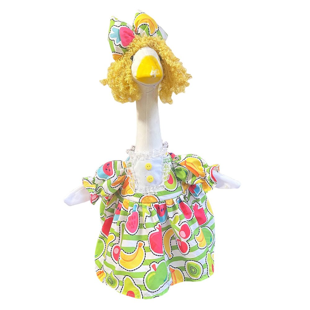 23 Inch Porch Goose Outfit Set Floral Pattern Dress and Bonnet for Lawn Statue Decoration Blue Checkered Rose Print (Fruit)