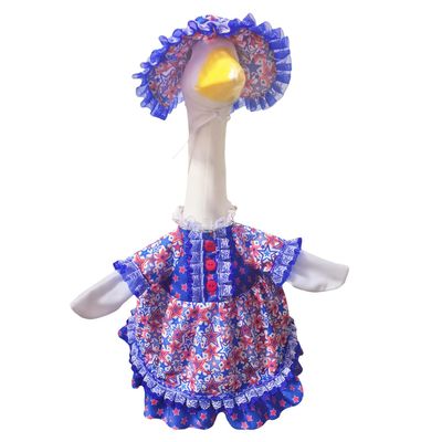 23 Inch Porch Goose Outfit Set Floral Pattern Dress and Bonnet for Lawn Statue Decoration Blue Checkered Rose Print (Independence Day B)
