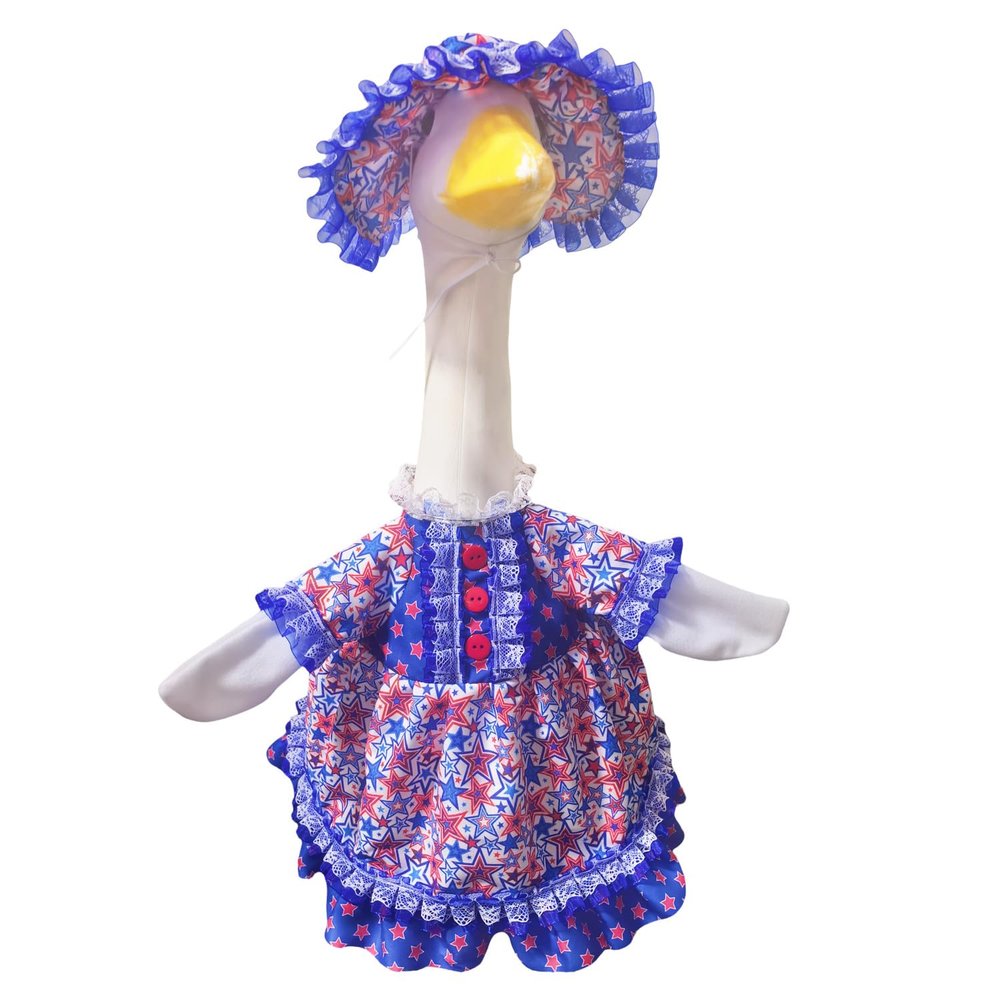 23 Inch Porch Goose Outfit Set Floral Pattern Dress and Bonnet for Lawn Statue Decoration Blue Checkered Rose Print (Independence Day B)