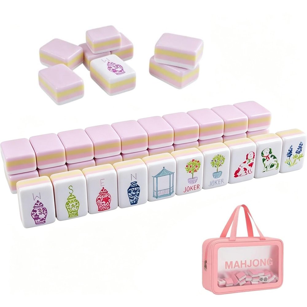 4 Layer Mahjong Tiles, 2026 NEW 160 Acrylic American 4 Layer Mahjong Tile Set with Clear Engraving with Exquisite Carrying Bag Mini Mahjong Travel Set for Home, Travel & Game Nights (Pink)