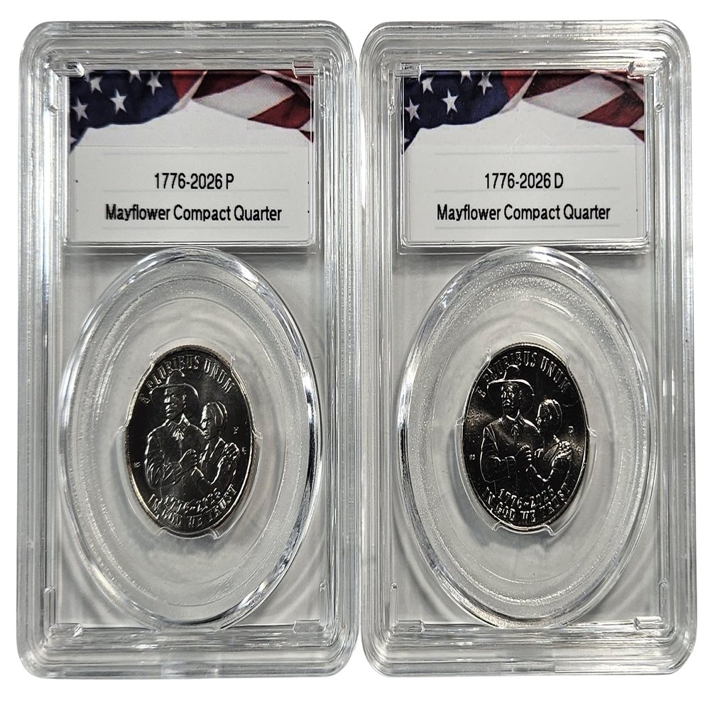 1776-2026 P & D Mayflower Compact Semiquincentennial Quarter Set, Uncirculated, Collectible US Coins in Protective Acrylic Cases