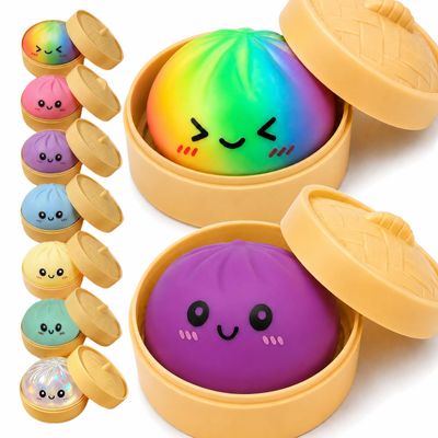 2PCS Rainbow&Fuchsia Dumpling Squishies Toys with Food Steamer,Colorful Squeeze Dough Fidget Sensory Stress Balls,Hand Desk Toys for Stress Relief Squishies Dumpling Gifts