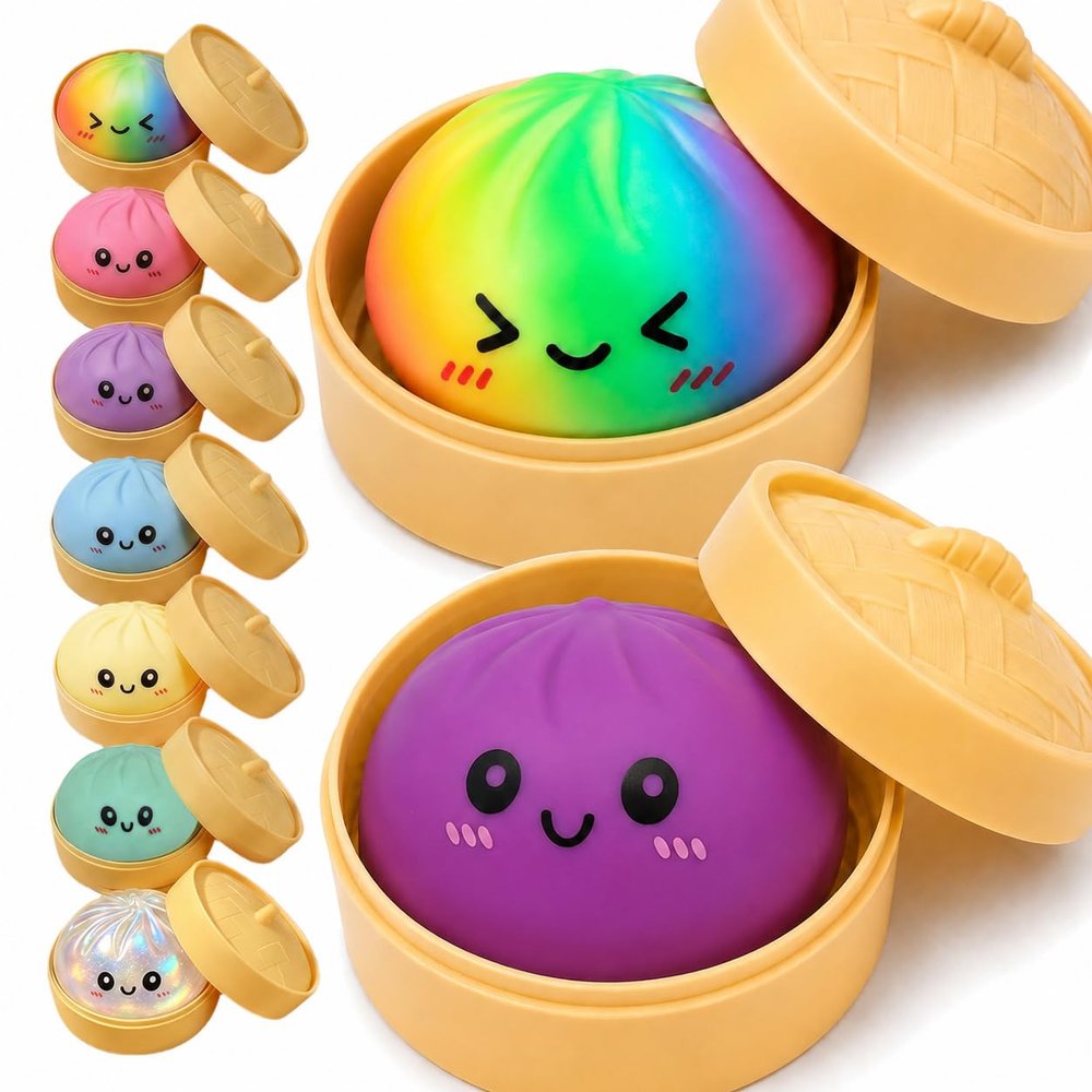 2PCS Rainbow&Fuchsia Dumpling Squishies Toys with Food Steamer,Colorful Squeeze Dough Fidget Sensory Stress Balls,Hand Desk Toys for Stress Relief Squishies Dumpling Gifts