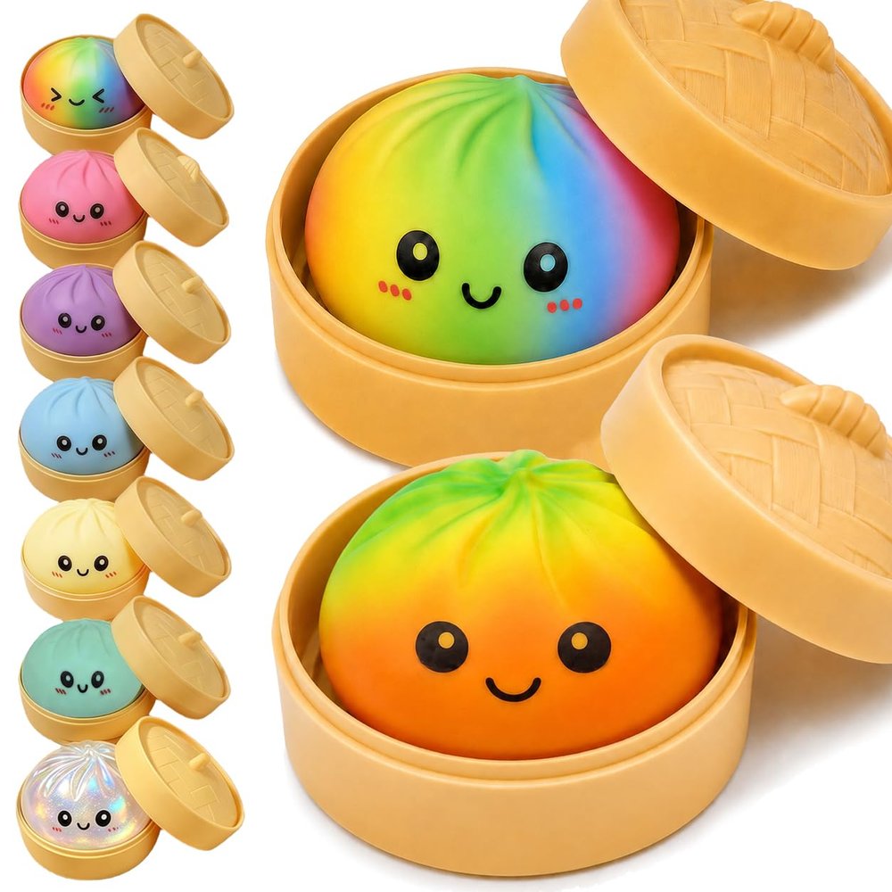 2PCS Rainbow Dumpling Squishies Toys with Food Steamer,Colorful Squeeze Dough Fidget Sensory Stress Balls,Stretchy Hand Desk Toys for Stress Relief Squishies Dumpling Gifts