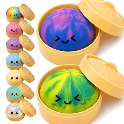 2PCS Tie Dye Dumpling Squishies Stress Balls,Colorful Squeeze Dough Ball Fidget Sensory Toys,Stretchy Hand Desk Toy with Food Steamer for Stress Relief Gift,Blue&Green