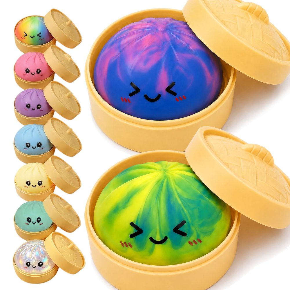 2PCS Tie Dye Dumpling Squishies Stress Balls,Colorful Squeeze Dough Ball Fidget Sensory Toys,Stretchy Hand Desk Toy with Food Steamer for Stress Relief Gift,Blue&Green