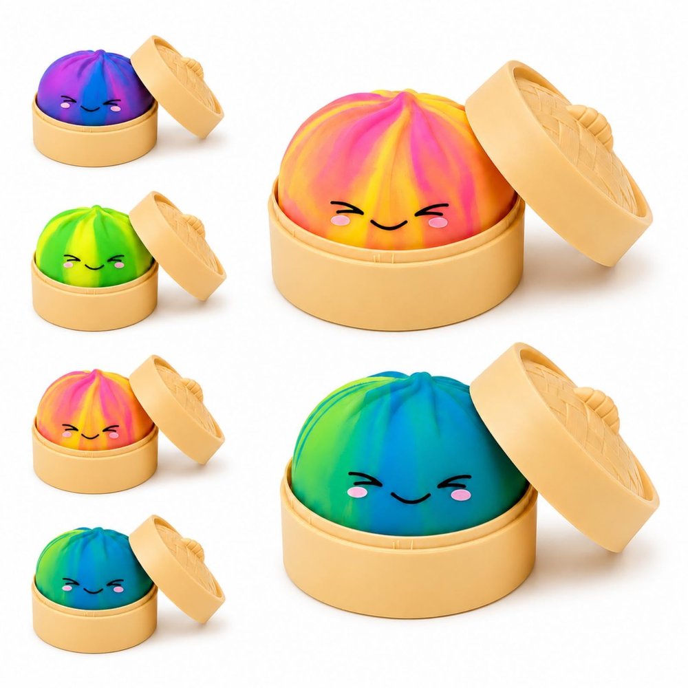 2PCS Tie Dye Dumpling Squishies Stress Balls,Colorful Squeeze Dough Ball Fidget Sensory Toys,Stretchy Hand Desk Toy with Food Steamer for Stress Relief Gift