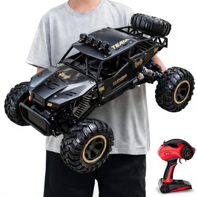 1:12 Large RC Rock Crawler, Remote Control Car 4WD Off Road Truck with Metal Shell, LED Headlights, Dual Motors, Shock Absorbers, 2 Batteries, All Terrain Monster RC Car for Kids Teens Adults Black