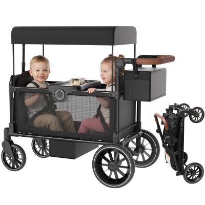 Babytronic Wagon Stroller for 2 Kids, Side Entry Foldable Baby Stroller Wagon, Adjustable Push/Pull Handle, Removable Canopy, 5-Point Safety Harness, All-Terrain Wheels, Storage Bag