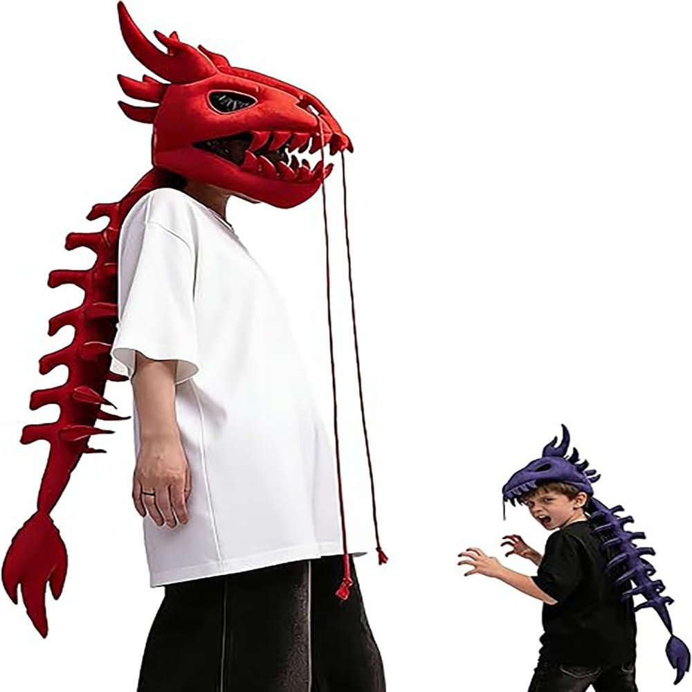 2026 New Dinosaur Skull Headgear, Realistic 3D Skeleton with Antenna, Halloween for Cosplay Party Costume Accessory (Red,47.3")