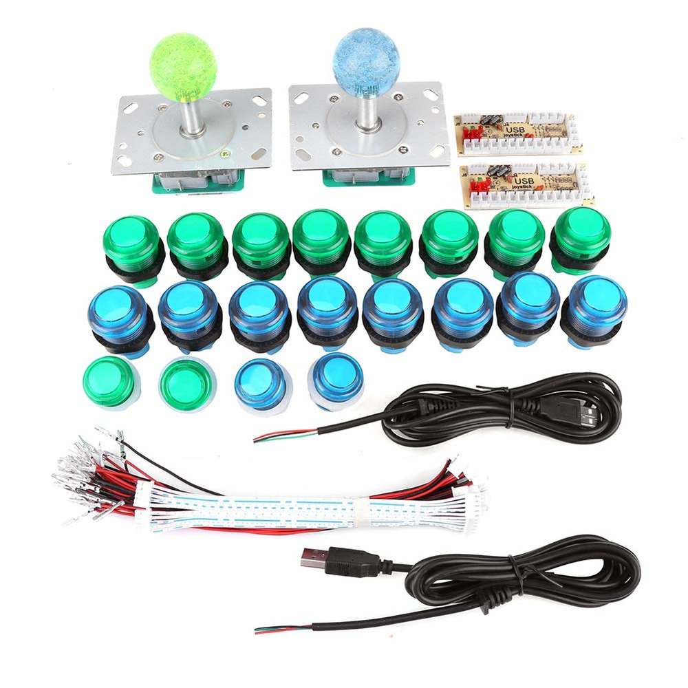 20 LED Game Buttons with 2 Joysticks and 2 USB Encoder Kit, Zero Delay DIY Parts Set for PC Gaming Machine Build, Includes Wires and Cables for Home