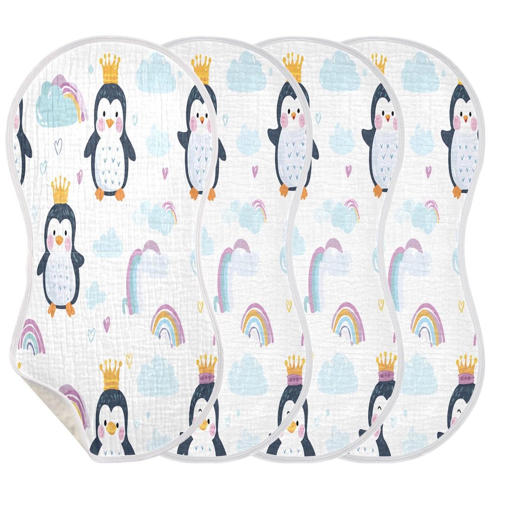 Xmycdz Cute Penguins with Crowns and Clouds Baby Burp Cloths -4Pcs Soft Absorbent Muslin Washcloths Bibs Face Towel for Newborn Boys Girls 22 x 11 Inch