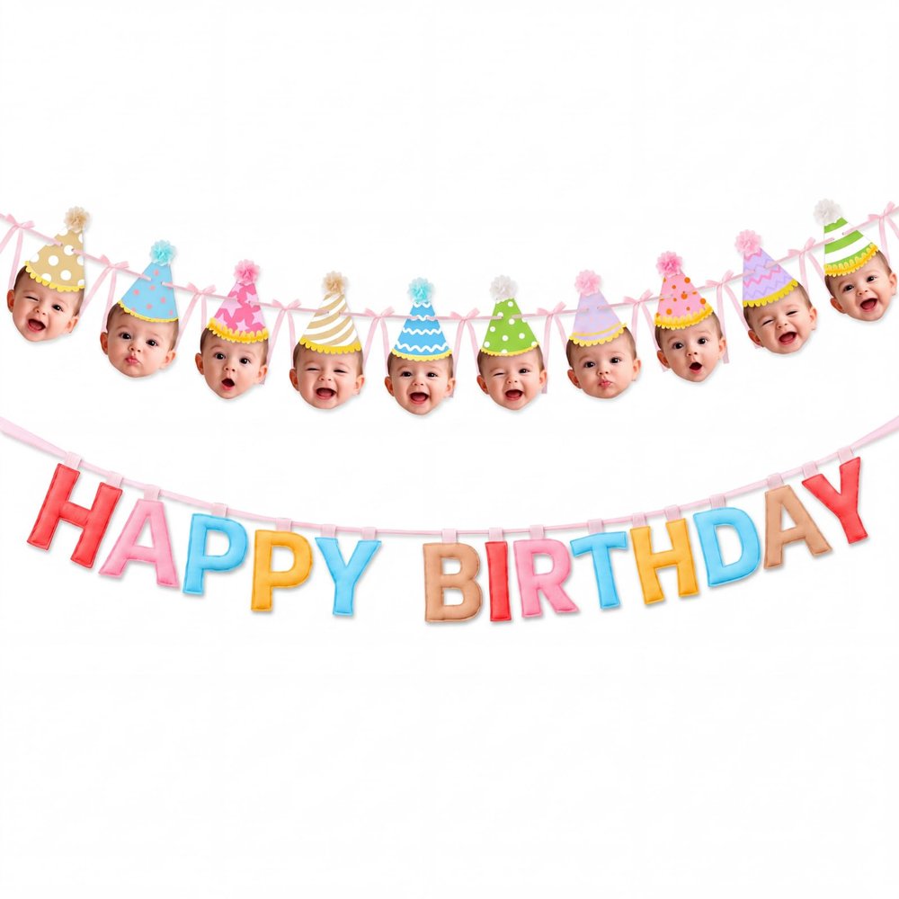 2pcs Birthday Hat Banner Happy Birthday Letter Banner DIY Baby Face Garland