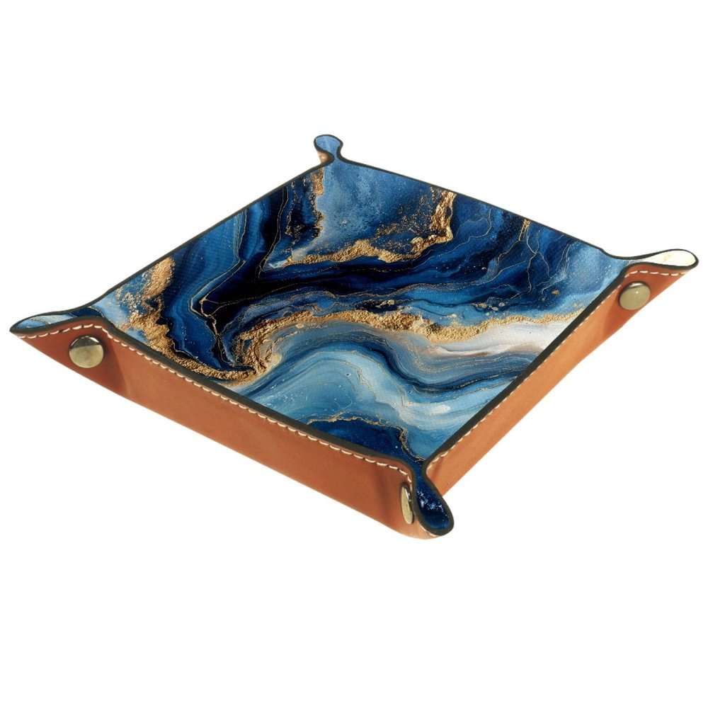 Abstract Navy Blue Marble Dice Holder Leather DND Dice Case Foldable Square RPG Tabletop Game Dice Tray Storage Tray, Leather Jewelry Valet Tray for Men Women, 8.1"x8.1"