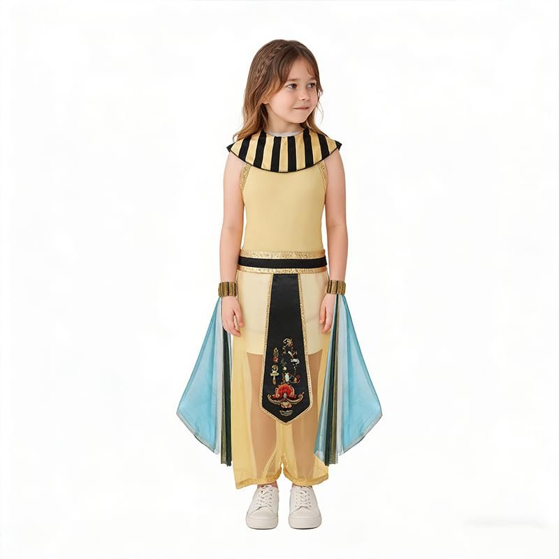 Girls Egyptian Costume Set, Dress + Wristbands, Perfect for Halloween, Cosplay, Themed Party, Role Play (7-8Y)