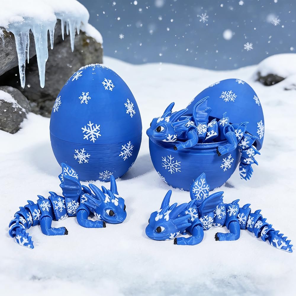 Cute 3D Print Blue Snowflake Dragon + Dragon Egg Set Model Plastic Ornament Table Top Decoration Sculpture Ornaments Festival Gift