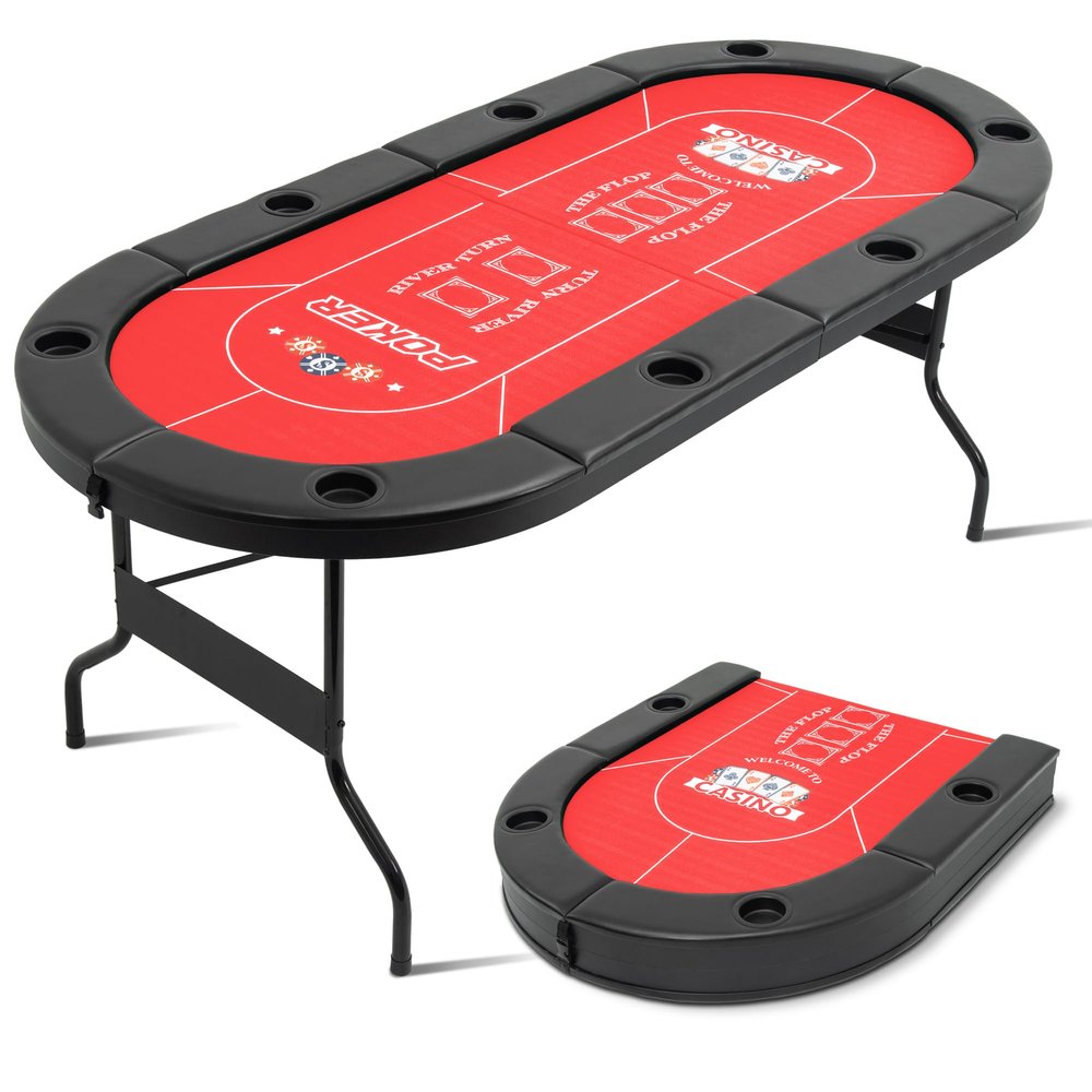BEHOO 8 Player Folding Poker Tables, Texas Holdem Table with Padded Rails & Cup Holders, Foldable Casino Poker Table, Oval Blackjack Tables Foldable Leisure (Red)