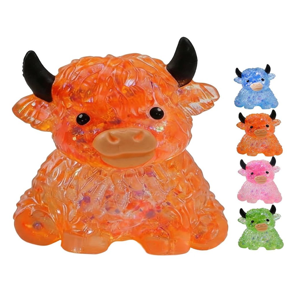 Glitter Highland Cow Squishies Fidget Toy,Soft Slow Rising Stress Relief Ball,Cute Sensory Squeeze Toy,Anxiety Relief Desk Decor,Easter Basket Stuffer Party Favor Gift for Adults Cow Lovers (Orange)