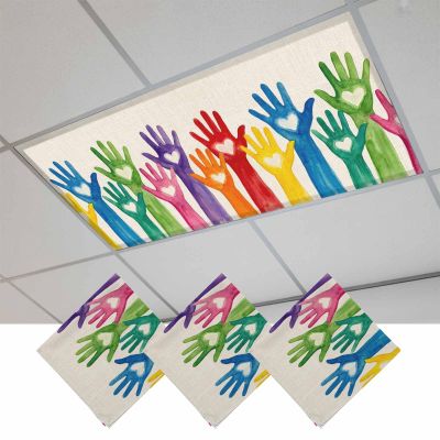 Fluorescent Light Covers, Colorful Hands Print Light Covers for Ceiling Lights Classroom/Office, Cartoon Cute Funny Love Heart Beige Ceiling Light Cover Magnetic Light Filtering Shades 3Pcs
