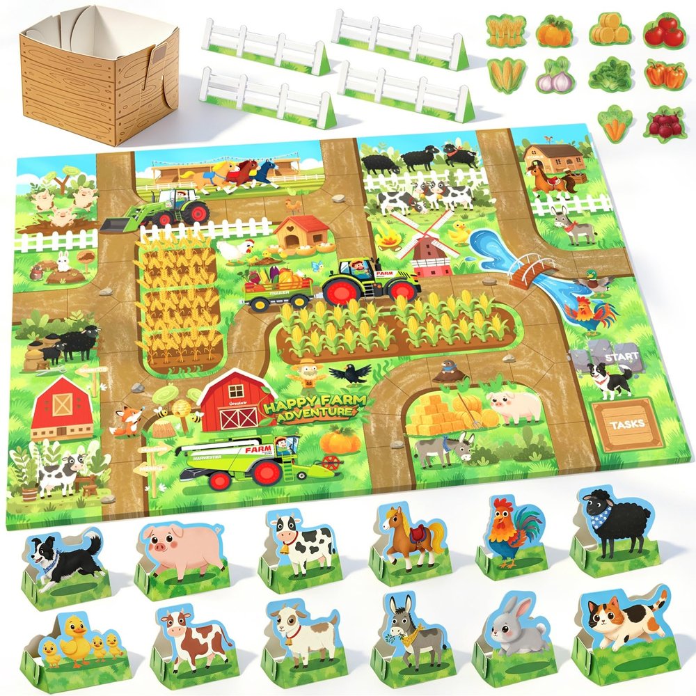 STEM Cardboard Farm Animal Toys & Foldable Play Mat Craft Kits for Kids 4-8