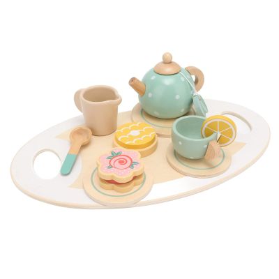 Focket Wooden Tea Set for Little Girls, Pine Wood Toddler Tea Set, Kids with Rich Accessories Including Teapot Cups Trays for Kids Over 36 Months