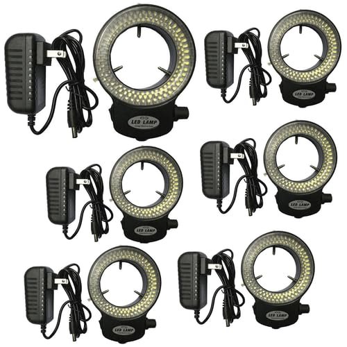 144-LED Microscope Ring Light Illuminator Lamp Set, 5-Piece, Adjustable Brightness 0-100%, US Plug, White Light, for Stereo & Optical Microscopes