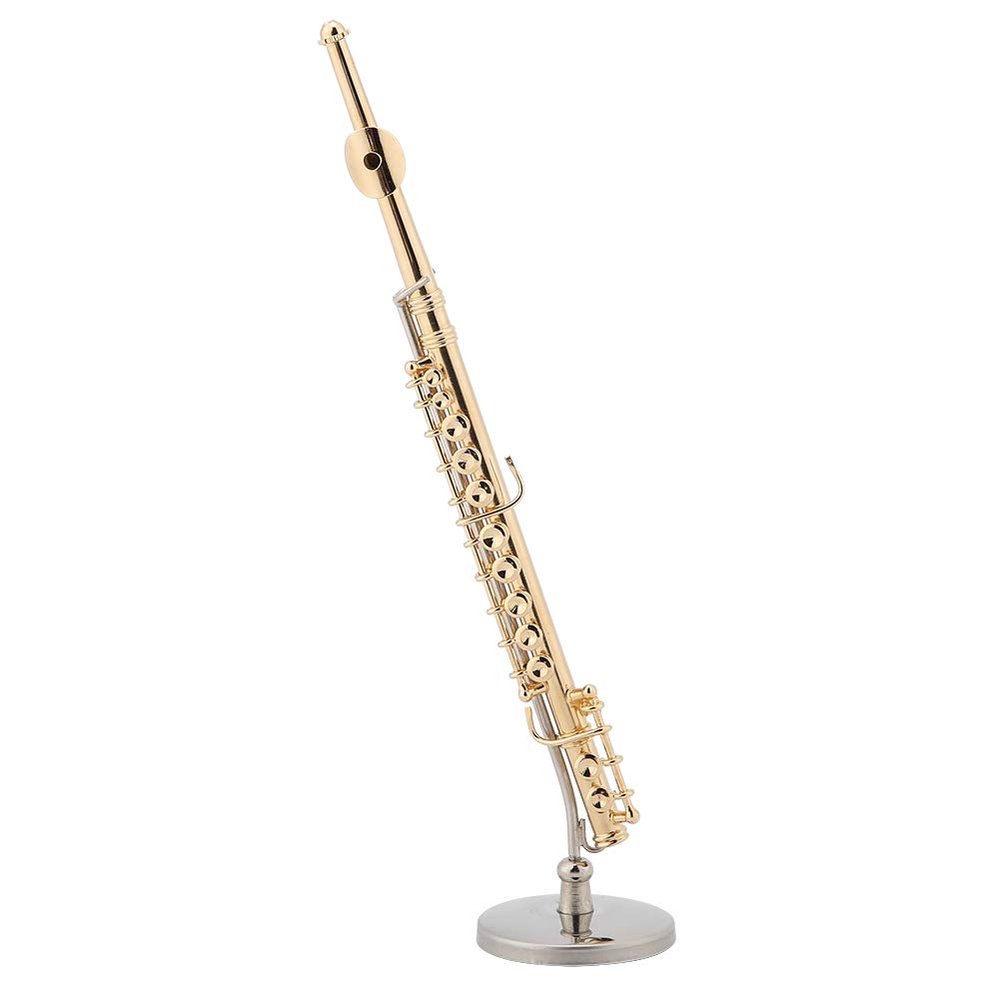 Aqur2020 Miniature Flute Model Brass Gold Plated Replica with Stand and Wooden Gift Case for Christmas Birthday Gift Kids Musician Friends
