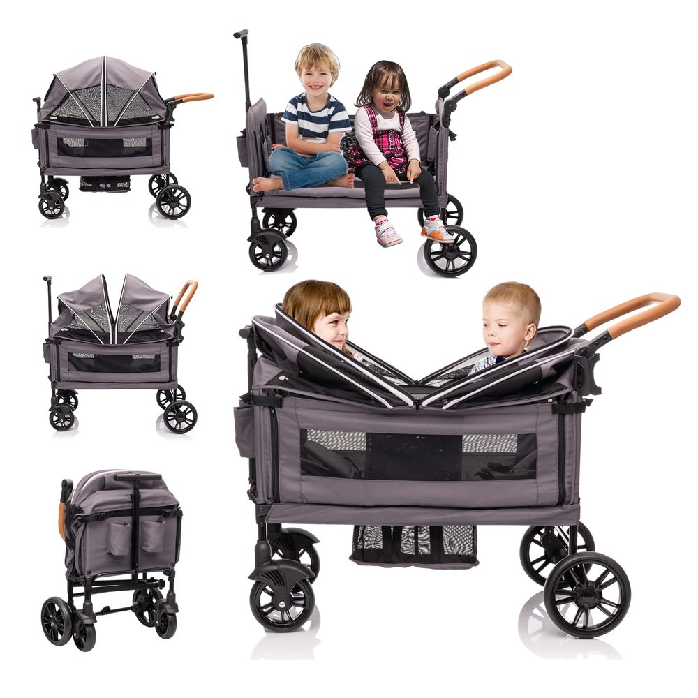 Wagon Stroller for 2 Kids Double Stroller with Removable Canopy & 5-Point Harness, Large Storage Basket & Snack Tray, All-Terrain Push Wagon (Grey)