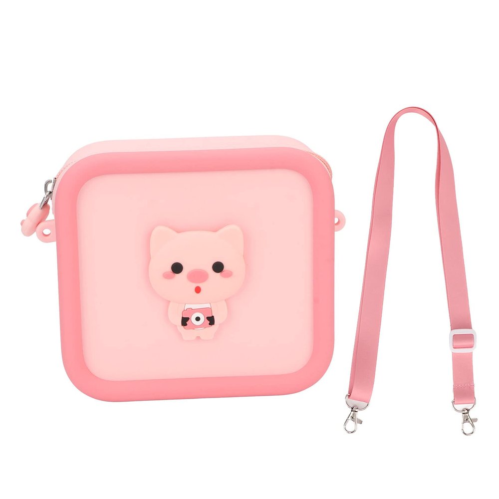 ZGHUNVRE Silicone Kids Camera Bag, Cute Cartoon Animal Design Shockproof Large Capacity Camera Carrying Case with Adjustable Shoulder Strap for Children Over 3 Years (Pink Pig)