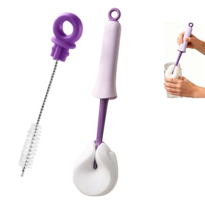 2-in-1 Long-Handle Bottle Brush Set, Multi-Functional Cup Lid Clean Brushes Straw Cleaner Tools, Self-Squeeze Bottle Brush with Sponge Head for Coffee Mugs, Sports Bottles (1, White)