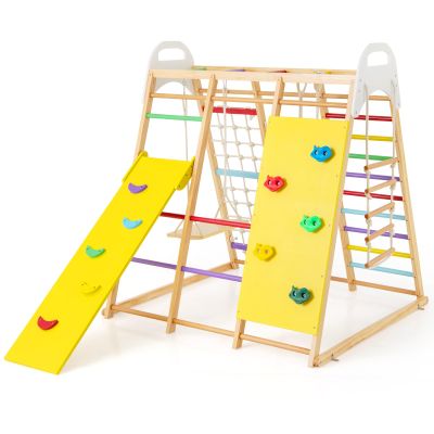 HOMGX 8-in-1 Montessori Climbing Set, Indoor Playground for Toddlers 3+ with Slide,Swing,Rings,Rope Ladder & Net,Colorful Solid Beech & Pine Wood, Wooden Jungle Gym for Boys Girls (Colorful)