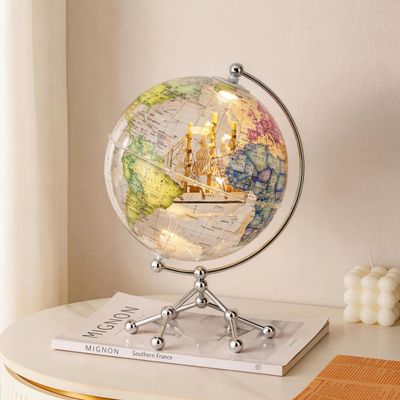 12" Illuminated World Globe with Sailboat, Bilingual English Chinese Map for Study Office, Transparent LED Desktop Globe Decor with Touch Control, Educational Learning Tool (colored)