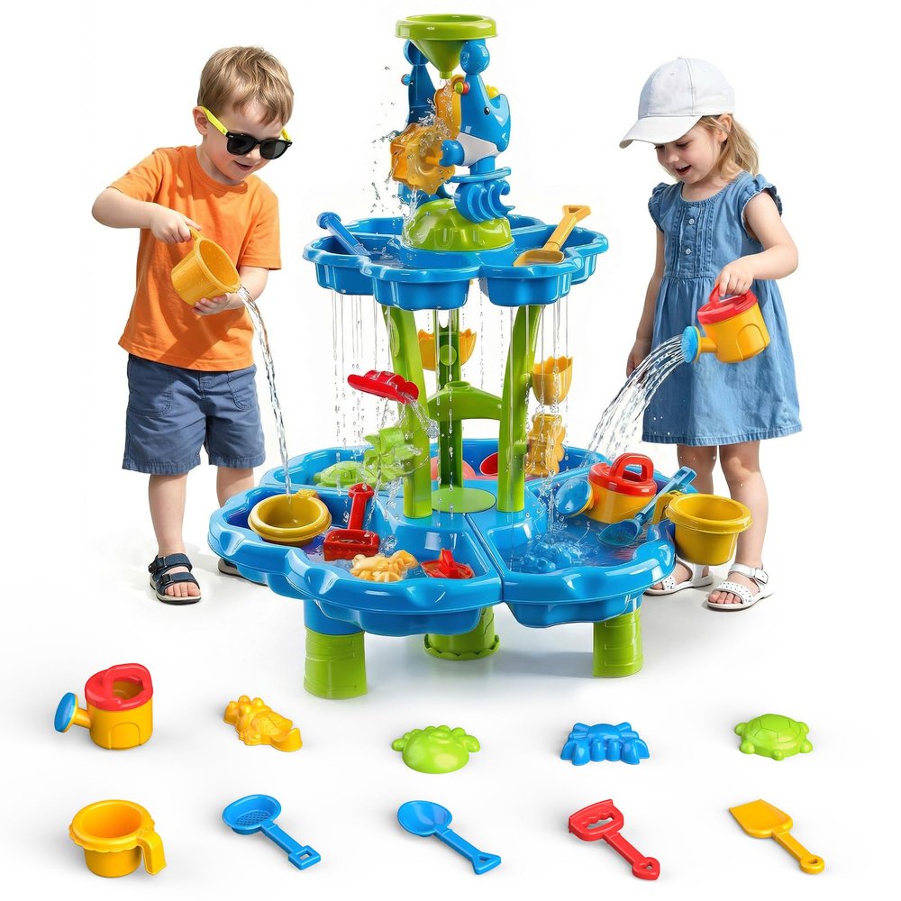 HeySplash Water Table for Toddlers, 3-Tier Kids Water Table for Boys Girls Over 3 Years, Outdoor Toys Sensory Table with 13 Piece Toy Accessories, Sand Table for Outdoor Beach Backyard Garden Summer