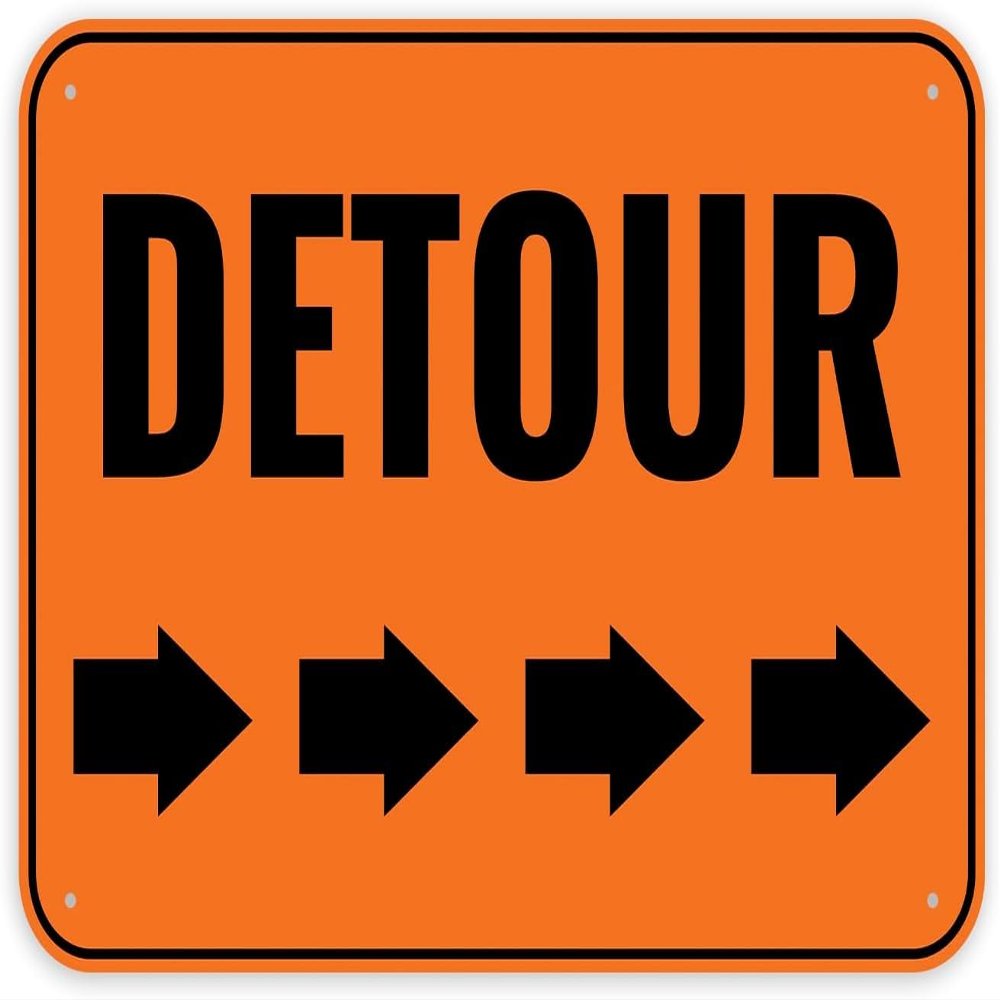 Detour Road Sign, Orange and Black, Right Arrow Direction, Traffic Construction Sign