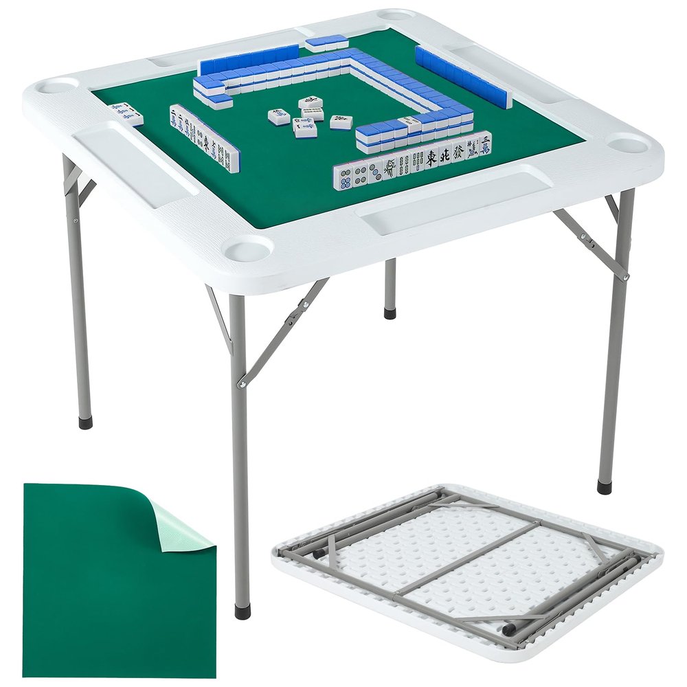 SierraSquad Mahjong Table 39.4 x 39.4 inch, 4 Player Folding Domino Table with Wear-Resistant Green Tabletop, Portable Square Card Desk with Cup Holders & Chip Trays for Mahjong Poker Puzzles