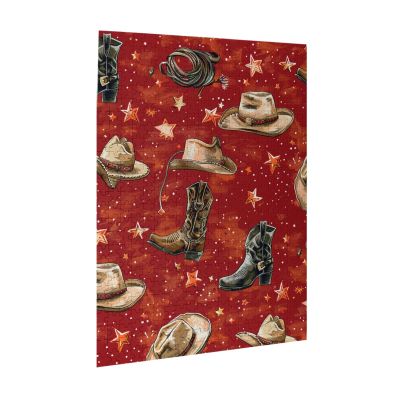 Vintage Western Cowboy Hats Boots Lassoes Stars Red 500 Piece Wooden Jigsaw Puzzle for Adults, Vertical Format Art Puzzle with Storage Box, Home Decor & Unique Gift