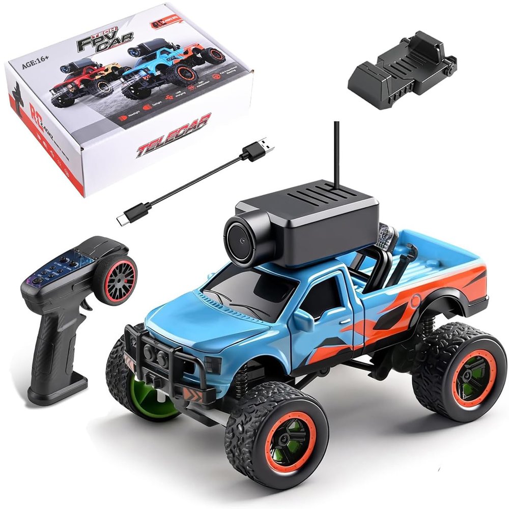 Fucellveca 1:64 RC Car, 2.4G FPV Remote Control Off Road Vehicle with HD Camera and LED Lights, APP Controlled for Adults and Teenagers (Blue)