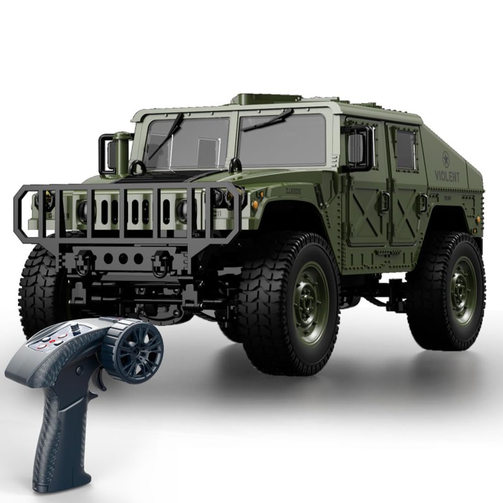 1/12 Scale RC Trail Truck, 2.4G Proportional Remote Control Off-Road Vehicle RTR, Military Style Model Car with LED Lights, Linked Steering Wheel, Openable Trunk, Type-C ChargingBasic/Army Green