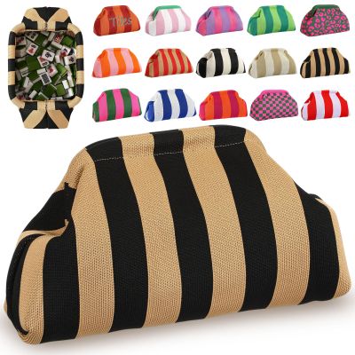 Sunnymove Mahjong Tile Bag Woven Clutch Purses for Women Woven Striped Dumpling Bag Summer Beach Evening Handbag for Mahjong Tile Vacation Supplies(Black Yellow,Thin Lines)